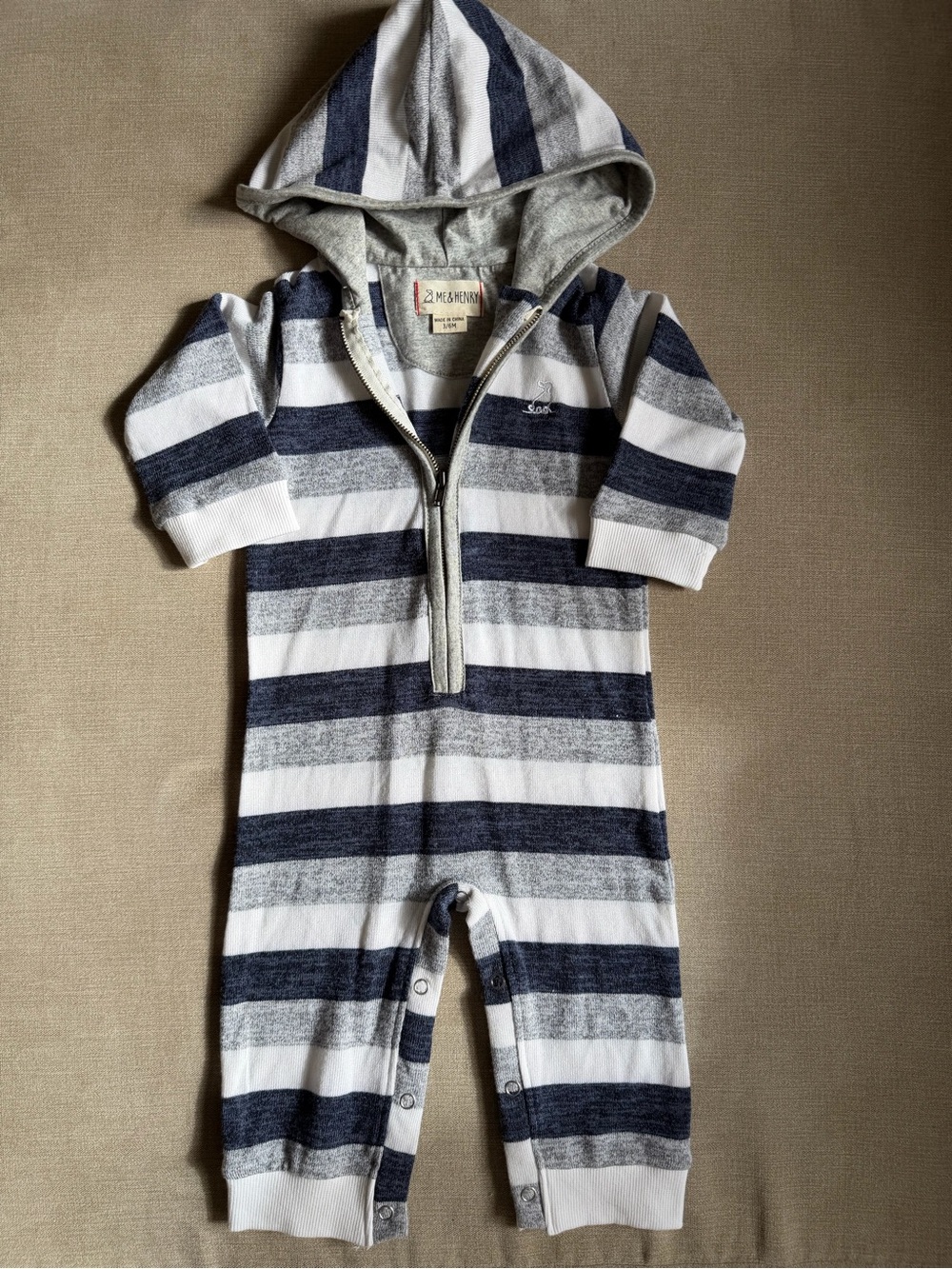 Me&Henry Striped Hooded Baby Romper in Navy & Gray